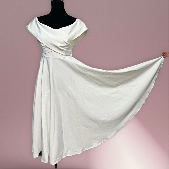 ELAGIA White Off Shoulder Midi Dress A-Line Skirt Maxi Open Back Bride Elegant - Picture 8 of 13